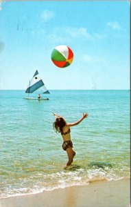 Postcard MA Cape Cod Vacation - Girl playing with beach ball in ocean