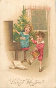 Christmas fantasy lovely musical children couple piano & drum greetings postcard 