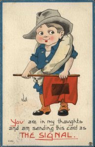 WALL Boy Soldier w Flag SIGNAL FLAGS c1910 Postcard