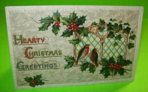 Christmas Postcard Embossed Hearty Greetings Holly Birds Series 2373 German 1911