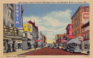 Main Street Theater Cars La Crosse Wisconsin 1950s linen postcard