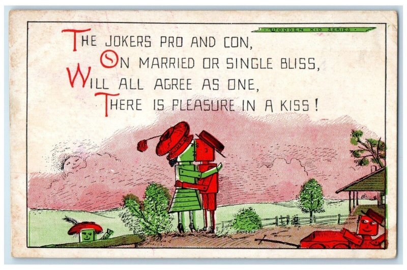 1915 Wooden Kid Kissing Romance The Jokers Pro And Con Oblong IL Posted Postcard