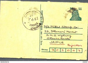 India Postal Stationery Tiger 25 to Jaipur