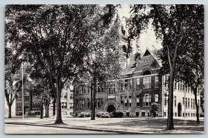 Elkhorn Wisconsin~High School & Public School~B&W~Kropp Vintage Linen Postcard