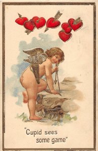 F81/ Valentine's Day Love Postcard c1910 Gold-Lined Cupid Hearts 17