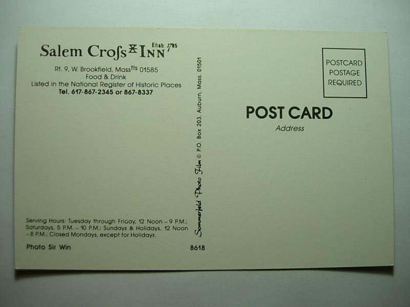 pre-1980 SALEM CROFS INN RESTAURANT Brookfield MA Unused Postcard y7783