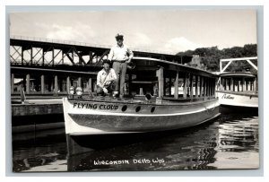 Vintage 1950's RPPC Postcard Flying Cloud Boat & Crew Docked Wisconsin Dells WI