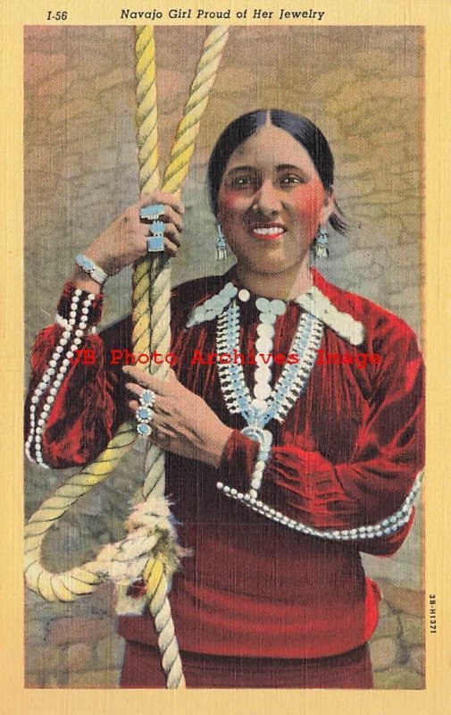 Native American Indian, Navajo Woman with Her Jewelry, Curteich No 3B-H1371