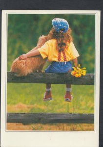 Children Postcard - Young Girl Sat on a Wooden Fence With Her Pet Dog   RR7240