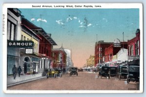 Cedar Rapids Iowa Postcard Second Avenue Looking West Classic Cars 1922 Vintage