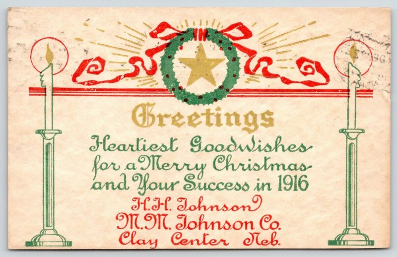 Clay Center NE~HH & MM Johnson Embossed Christmas Wishes~Star in Wreath~1915 PC