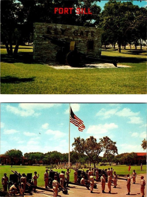2~Postcards OK, Oklahoma  FORT SILL  Key Gate Entrance & Army Training/Howitzers