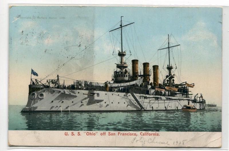 USS Ohio off California US Navy Battleship 1908 postcard