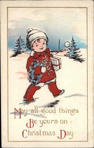 Christmas Little Boy with Wreath and Gifts c1910 Vintage Postcard