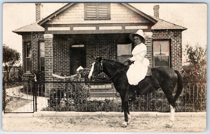 1910s Beautiful Young Lady RPPC Horse Brick House Real Photo Cute J Hartman A171