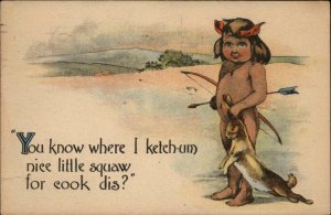 Native Americana Naked Indian Child With Dead Rabbit Comic c1910 Postcard