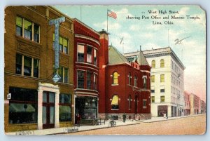 1910 Lima Ohio OH Vintage Postcard West High Street Post Office Masonic Temple
