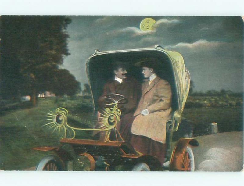 Pre-Linen COUPLE IN VERY OLD ANTIQUE AUTOMOBILE CAR AB8225