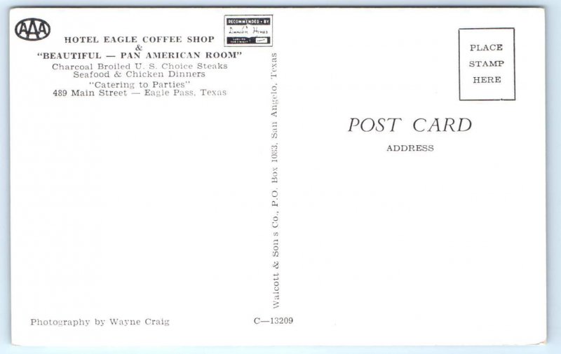 EAGLE PASS, TX Texas ~ HOTEL EAGLE COFFEE SHOP Postcard Rack c1950s  Postcard