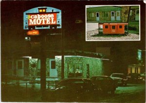Deer Lodge, MT Montana CABOOSE MOTEL Night View ROADSIDE Mini Train 4X6 Postcard