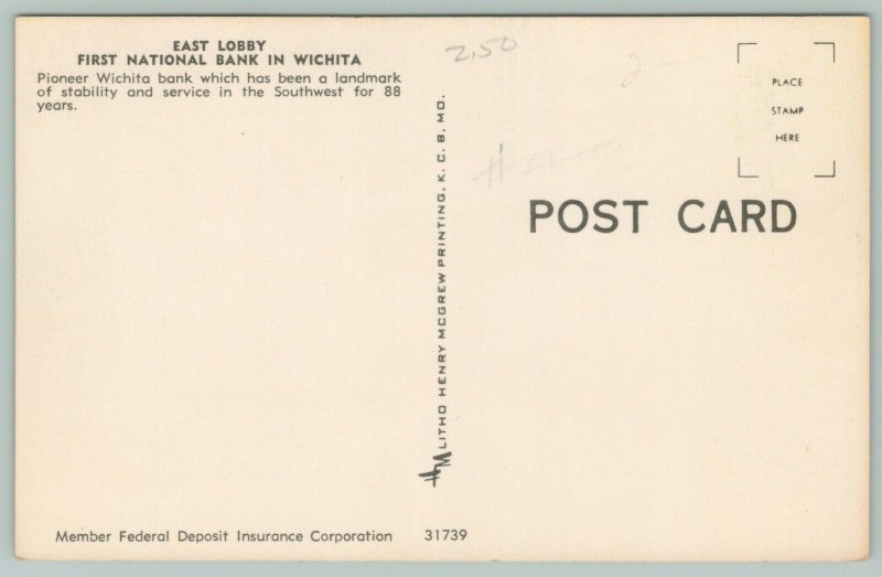 Wichita,Kansas~First National Bank~Interior ~1960's Postcard