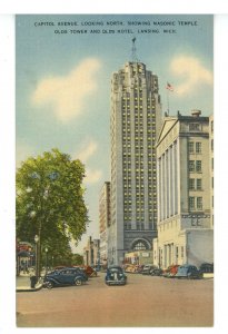 MI - Lansing. Capitol Ave. looking North, Masonic Temple, Olds Hotel & Tower