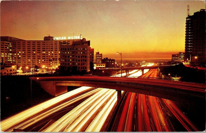 Harbor Freeway Los Angeles California Freeway Statler Hilton Hotel Vtg Postcard 