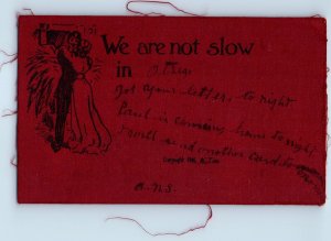 1906 Romance Couple Hugging We Are Not Slow Sewn Stitched RPO Antique Postcard