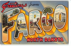 FARGO, NORTH DAKOTA Large Letter Linen Postcard, Curteich 1942 