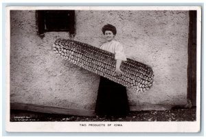 c1910's Woman With Big Corn Two Products Of Iowa RPPC Photo Antique Postcard