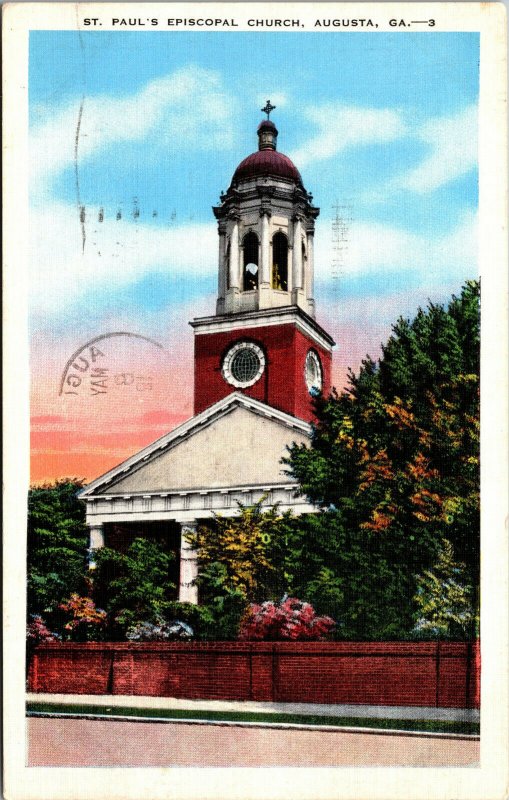 Vtg Augusta Georgia GA St Paul's Episcopal Church 1940s Linen Postcard 