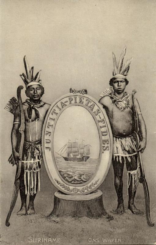 suriname, Indians holding Coat of Arms, Justitia Pietas Fides (1910s) Postcard