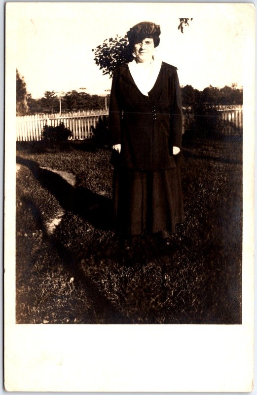 Woman in Long Dark Formal Dress with Cloche Hat Portrait - Vintage Postcard