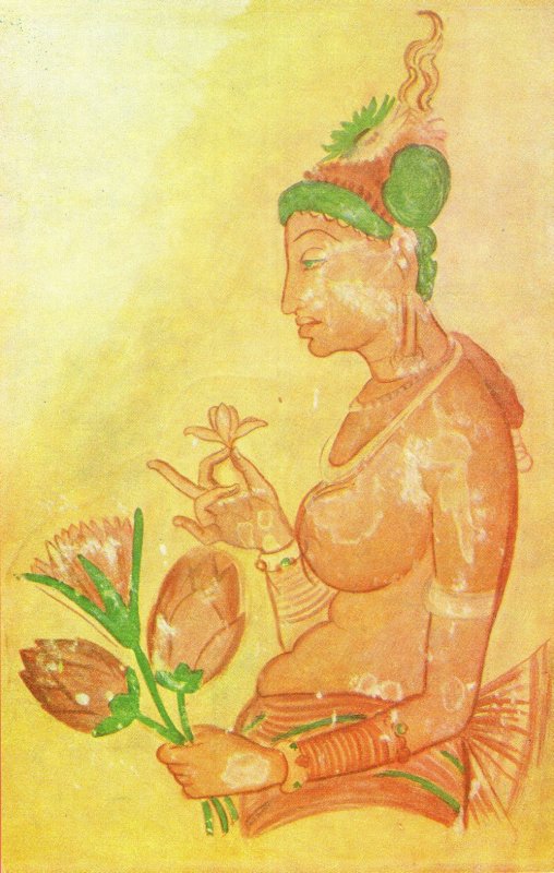 Offering Lotuses Vintage Sigiriya Hindu Religion Indian Postcard