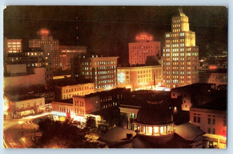 El Paso Texas TX Postcard Downtown Night Color View Hotel Office Building 1960