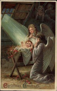 Christmas Little Girl Angels Pray at Baby Jesus Side c1910 Vintage Postcard