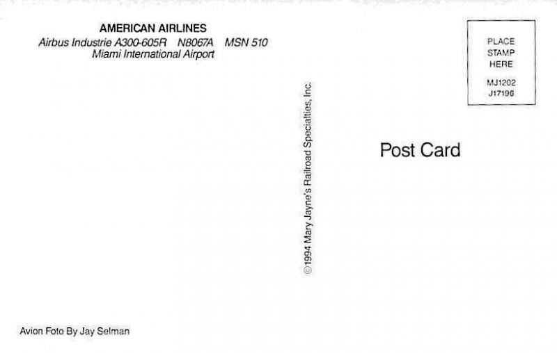 Airline Postcards   American Airlines Airbus   A300-605R N8067A    MSN 510  