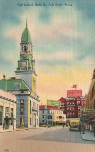 Vintage Postcard City Hall & Main Street Church Shops Fall River Massachusetts