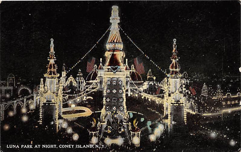 Luna Park at Night Coney Island, New York, USA Amusement Park Unused 