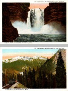 2~ca1920's Postcard WA, Washington  SNOQUALMIE FALLS & MILW RAILROAD TRAIN