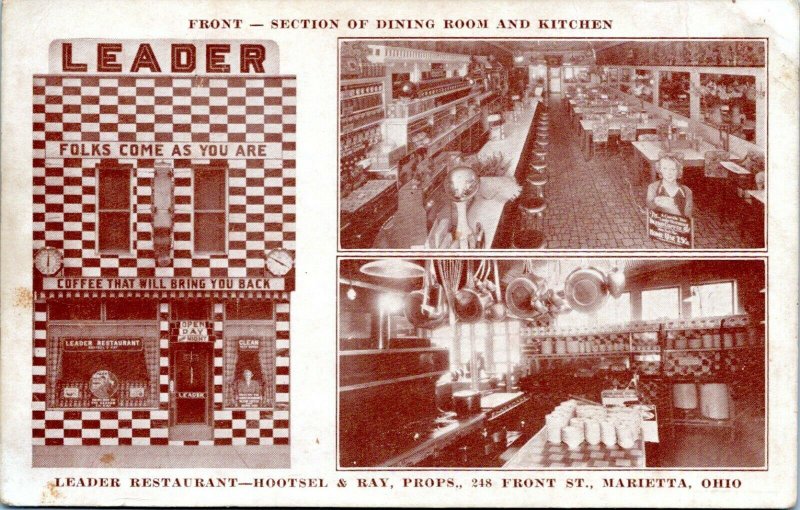 Marietta Ohio Postcard 1930s Leader Restaurant Diner Interior View