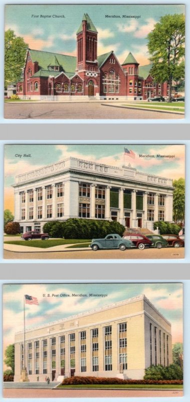 3 Postcards MERIDIAN, Mississippi MS ~ Baptist Church, City Hall, Post Office