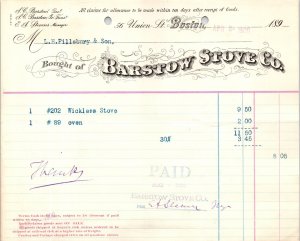 1900 Barstow Stowe Co. Stoves Ovens Boston MA Bill Letterhead Billhead