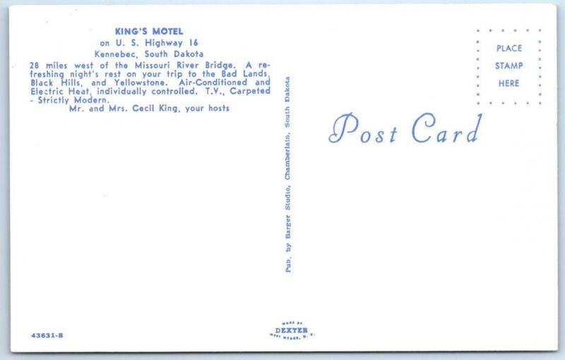 KENNEBEC, South Dakota  SD   Roadside  KING'S MOTEL  ca 1950s-60s   Postcard