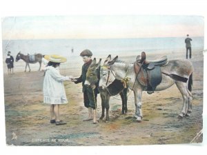 Little Girl Hiring a Donkey on The Beach for Sixpence Vintage Tuck Postcard 1906