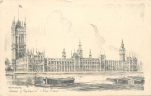 London Thames navigation & sailing sunset Parliament coal barge boats etch