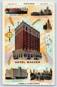 Chicago Illinois IL Postcard Hotel Wacker Directions Maps Huron Clark Street