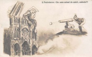 WW1 Comic France Notre Dame Germany Firing Cannon Real Photo Postcard AA109395