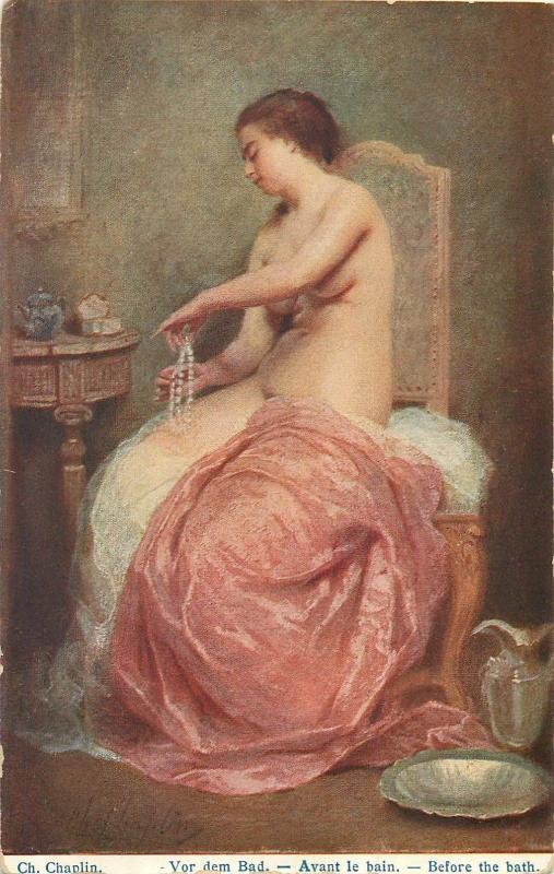 Vintage art postcard nude in painting Ch. Chaplin - Before the bath