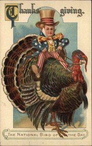 Thanksgiving Patriotic Boy Riding Turkey c1910 Vintage Postcard